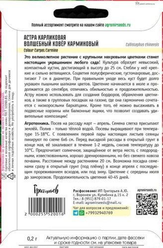 Астра Волшебный Ковер Карминовый карликовая (Colour Carpet Carmine) цв.п 0,2гр ИП Григорьев