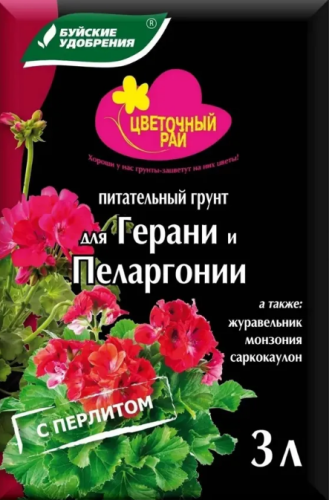 Грунт питательный "Цветочный рай" для герани и пеларгонии 3л Буйские удобрения